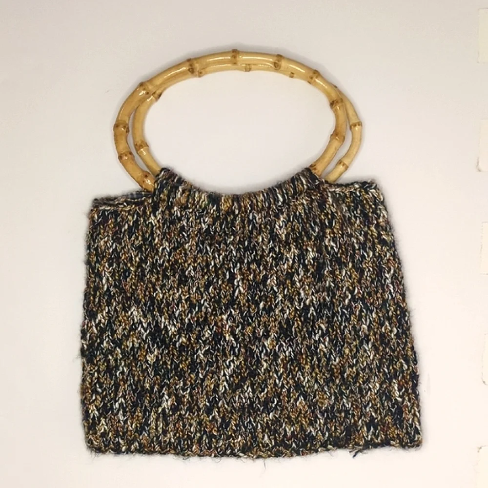 Chic Multicolor Knit Lined Bag with Bamboo Handles Multicolor Cottage Granny